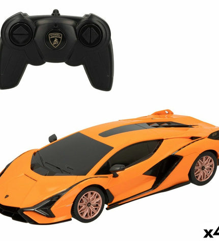 Four Lamborghini remote-controlled toy cars in vibrant colors, designed for kids to play and race with.