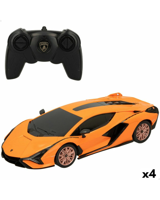 Four Lamborghini remote-controlled toy cars in vibrant colors, designed for kids to play and race with.