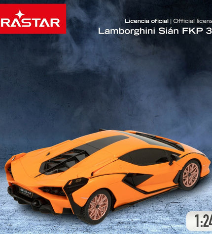 Four Lamborghini remote-controlled toy cars, detailed toy vehicles for kids, featuring realistic Lamborghini design and vibrant colors.