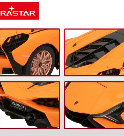 Set of four Lamborghini remote-controlled toy cars, detailed miniature vehicles for play and collection.