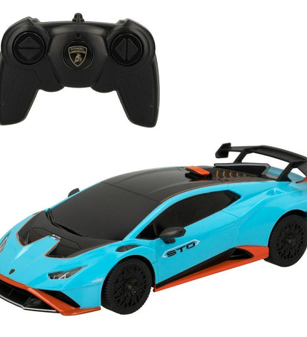 Four Lamborghini remote-controlled toy cars in vibrant colors, detailed miniature vehicle replicas for children to play with.