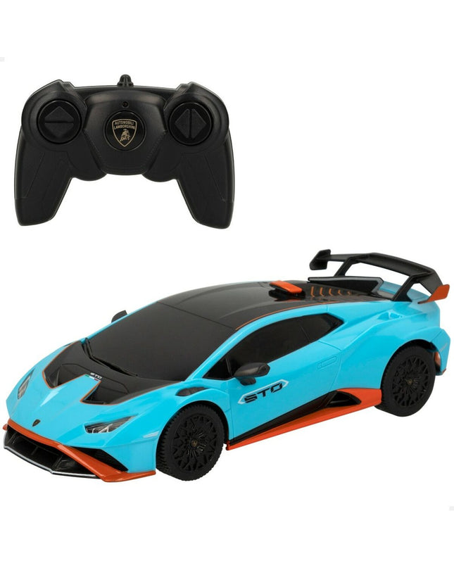 Four Lamborghini remote-controlled toy cars in vibrant colors, detailed miniature vehicle replicas for children to play with.