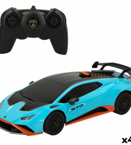 Set of four Lamborghini remote-controlled toy cars from the Op Afstand collection, featuring detailed Lamborghini design and vibrant colors.