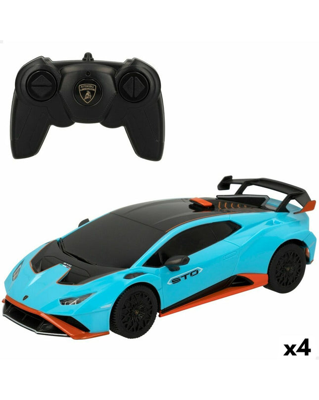 Set of four Lamborghini remote-controlled toy cars from the Op Afstand collection, featuring detailed Lamborghini design and vibrant colors.