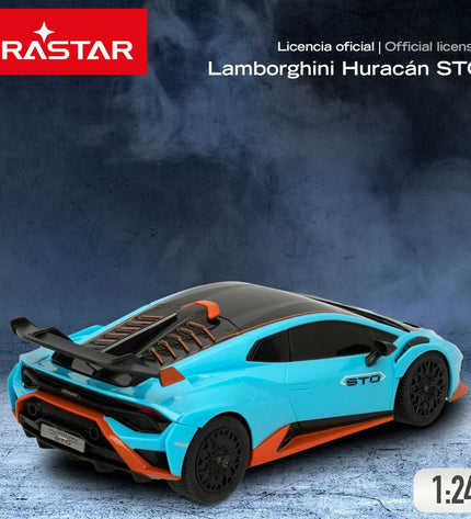 Four Lamborghini remote control toy cars in vibrant colors, detailed miniature vehicles from the Lamborghini brand.
