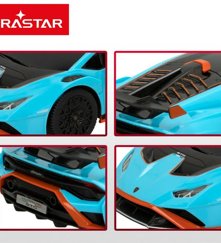 Set of four Lamborghini remote-controlled toy cars, detailed miniature vehicles for children, in vibrant colors.