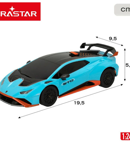 Four Lamborghini remote control toy cars, detailed miniature vehicles perfect for play and collection, in vibrant colors.