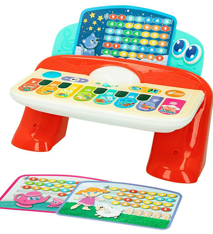 Two Winfun baby interactive pianos, colorful musical toys in pink and blue, measuring 27x16x18 cm, for children’s play.