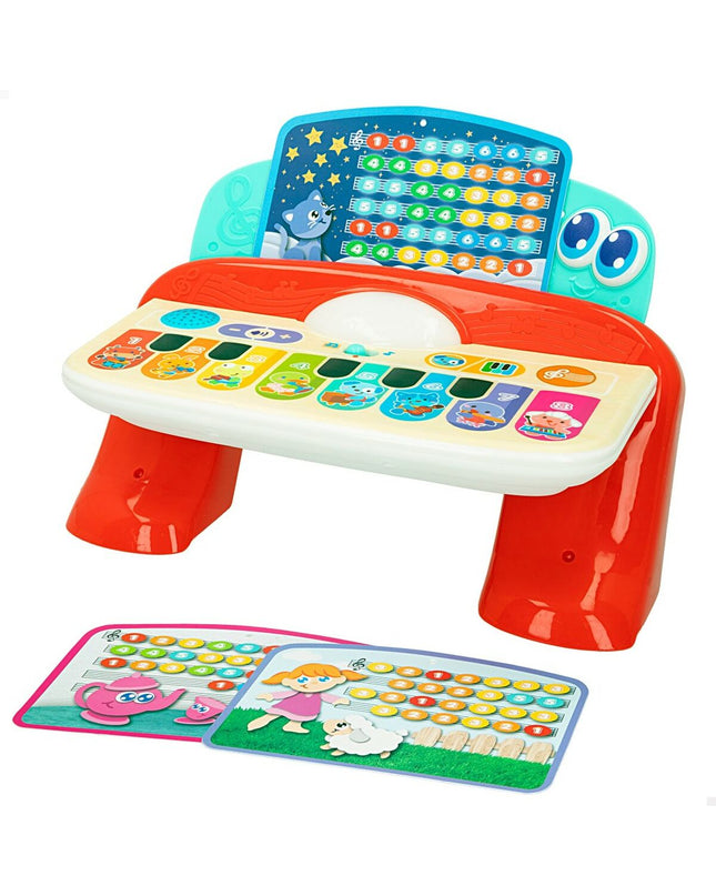 Two Winfun baby interactive pianos, colorful musical toys in pink and blue, measuring 27x16x18 cm, for children’s play.