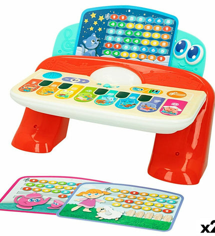 Two Winfun baby interactive pianos, colorful musical toys for children, measuring 27x16x18 cm, with buttons and musical keys.