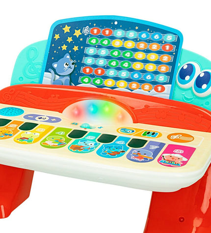 Pair of Winfun baby interactive pianos, compact 27x16x18 cm, colorful musical toys for children with buttons and keys.