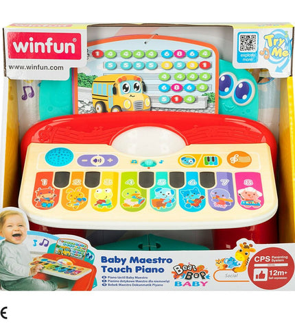 Two Winfun interactive baby pianos with colorful keys, measuring 27x16x18 cm, designed for children's musical play.