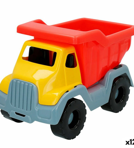 Set of 12 colorful 30 cm plastic toy trucks by Colorbaby, suitable for outdoor play and games.