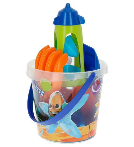 Colorbaby Mr Craby strandspeelgoedset with 16 colorful polypropylene pieces, 18 cm each, for outdoor play and games.