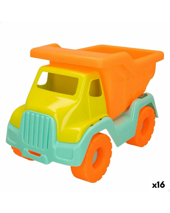 Set of 16 colorful 30 cm plastic toy trucks by Colorbaby, suitable for outdoor play and sports activities.