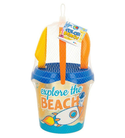Colorbaby strandspeelgoedset with 16 polypropyleen pieces, 18 cm diameter, suitable for outdoor play and sports activities.
