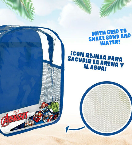 The Avengers strandspeelgoedset with 12 polypropyleen toys, 18 cm each, for outdoor play and sports fun.