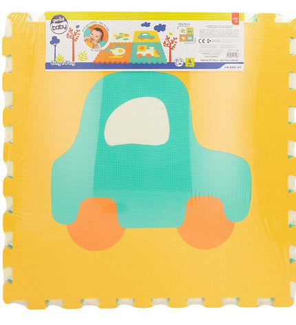Two Colorbaby EVA puzzle mats with colorful car designs, measuring 118x118 cm, designed for children's play and learning.