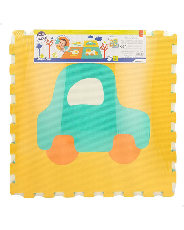 Two Colorbaby EVA puzzle mats with colorful car designs, measuring 118x118 cm, designed for children's play and learning.