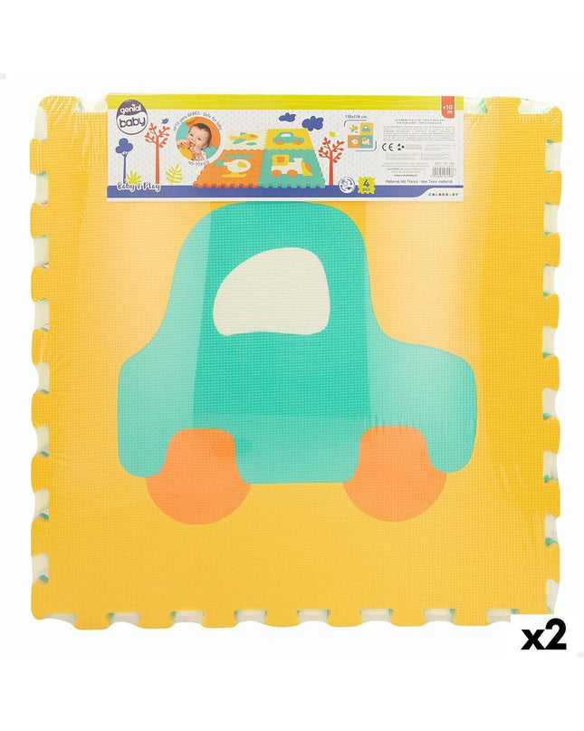 Colorbaby Puzzelmat 4-delige auto’s EVA speelgoed, 118x118 cm, two colorful foam puzzle mats for kids' play area.