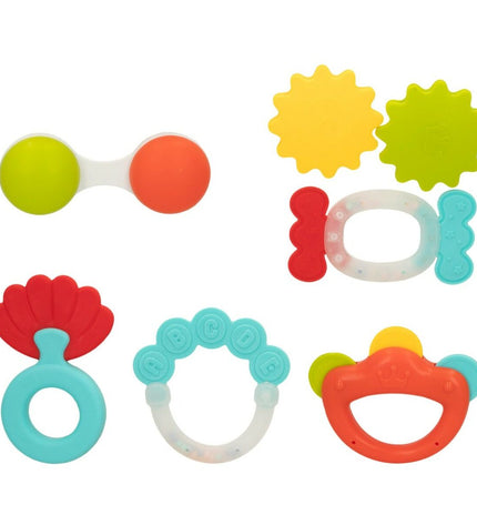 Colorbaby baby rammelaars set with 6 colorful wooden rattles, each measuring 12.5 x 1.5 x 6.5 cm, ideal for young children.