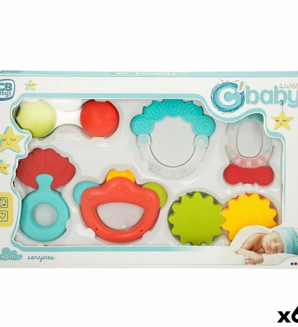 Colorbaby baby rammelaars set with 6 colorful wooden rattles, each measuring 12.5 x 1.5 x 6.5 cm, for young children’s play.