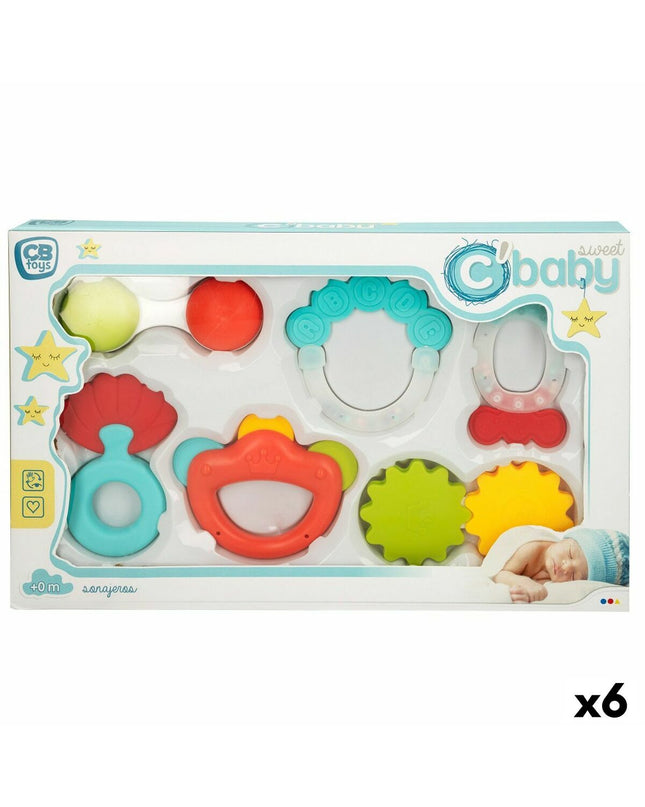 Colorbaby baby rammelaars set with 6 colorful wooden rattles, each measuring 12.5 x 1.5 x 6.5 cm, for young children’s play.