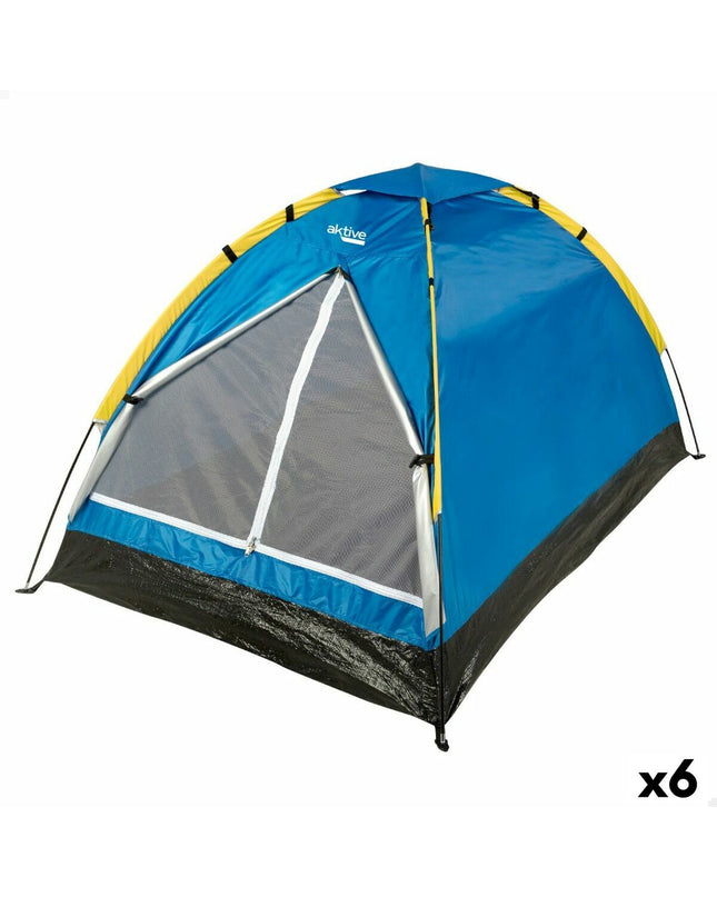 Icon of a compact two-person Kampeertent Aktive for camping and outdoor activities, measuring 120x100x200 cm, with six units shown.