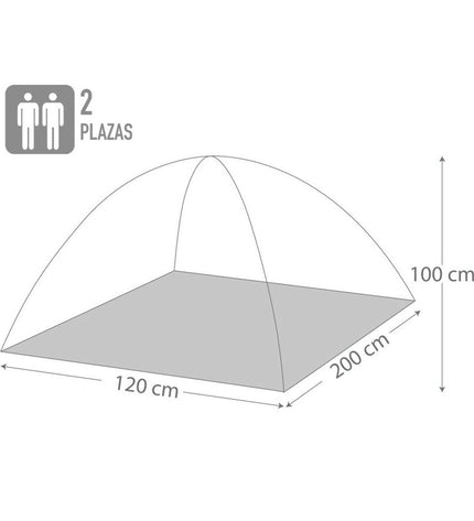 Six Aktive Kampeertent Aktive 2-person tents set up outdoors, measuring 120 x 100 x 200 cm, suitable for camping and outdoor activities.