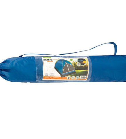 Six Aktive Kampeertent Aktive 2-person tents, lightweight outdoor camping tents, shown set up outdoors with open doors.