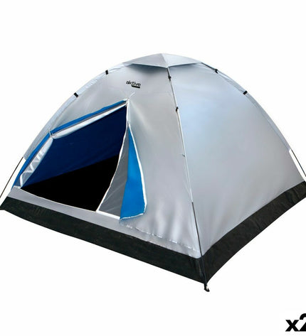 Two Aktive Kampeertent Aktive 4 personen tents set up outdoors, featuring spacious 205x130x205 cm size with door and window details.