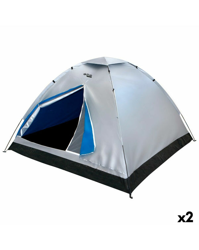 Two Aktive Kampeertent Aktive 4 personen tents set up outdoors, featuring spacious 205x130x205 cm size with door and window details.