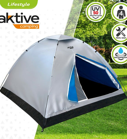 Two Aktive Kampeertenten for 4 persons, measuring 205x130x205 cm, set up outdoors for camping and outdoor activities.