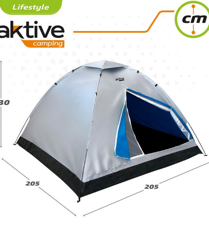 Two Aktive Kampeertent Aktive 4-person tents set up outdoors, showcasing their size and design for camping and outdoor activities.