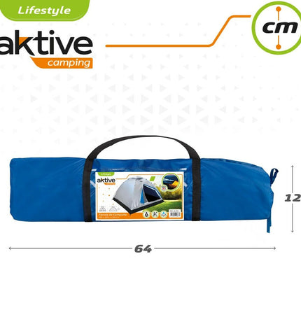 Two Aktive Kampeertenten for 4 persons, outdoor camping tents in green with entrance and window details, set up outdoors.