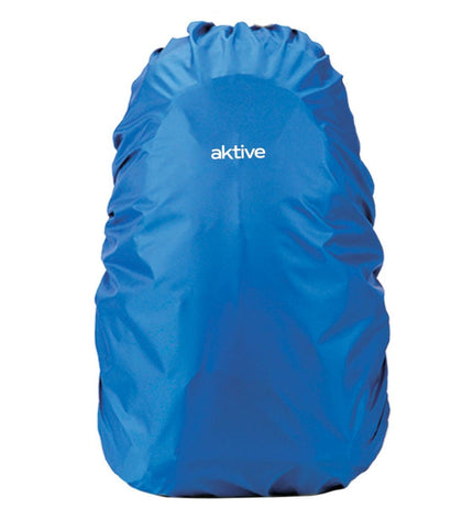 Blue waterproof backpack cover by Aktive for outdoor camping and hiking, protecting backpacks during active outdoor adventures.
