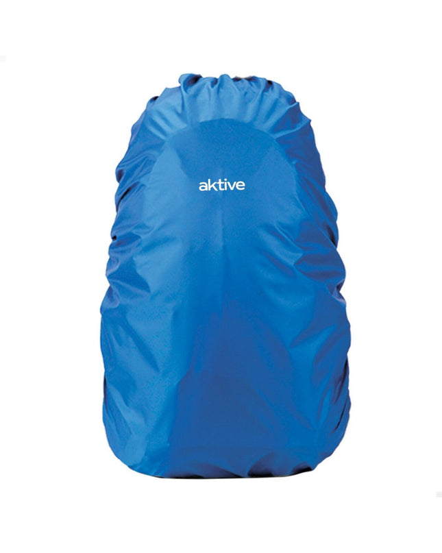 Blue waterproof backpack cover by Aktive for outdoor camping and hiking, protecting backpacks during active outdoor adventures.
