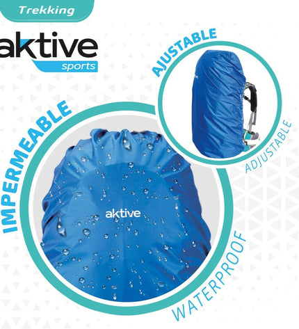 Blue waterproof backpack cover by Aktive, designed for outdoor activities, camping, and hiking, protecting backpacks from rain.