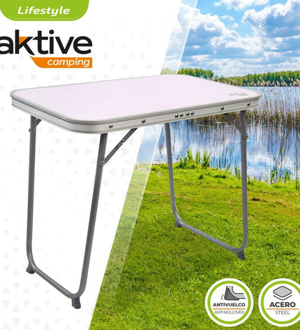 Set of four Aktive folding tables, 60x50x40 cm, suitable for camping and outdoor activities, shown stacked and ready to use.