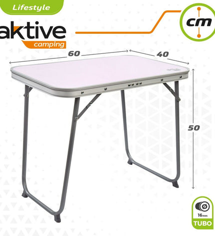Set of four Aktive folding tables in 60x50x40 cm, ideal for camping and outdoor activities, shown folded and stacked.