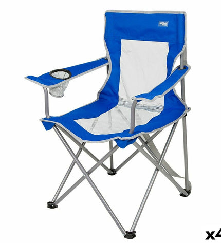 Set of four Aktive blue and gray foldable camping chairs with armrests, compact size for outdoor camping and hiking.