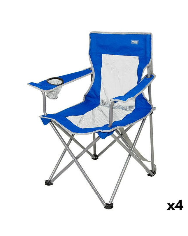 Set of four Aktive blue and gray foldable camping chairs with armrests, compact size for outdoor camping and hiking.