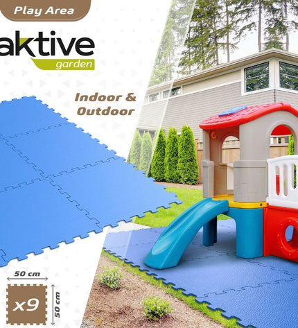 Set of four Aktive blue EVA-rubber children's puzzles with nine pieces each, measuring 50x0.4x50 cm, designed for playful learning.