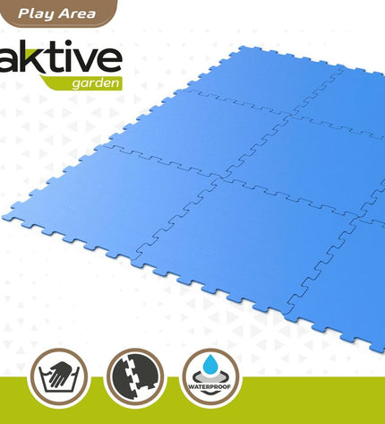 Set of four Kinderpuzzel Aktive blue EVA-rubber puzzle pieces, each 50x0.4x50 cm, designed for children's educational play.
