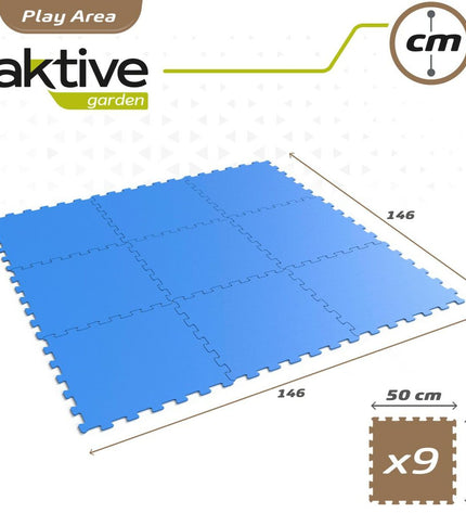 Set of four Aktive blue active puzzle mats with nine EVA-rubber pieces, each measuring 50x0.4x50 cm, suitable for children's play.