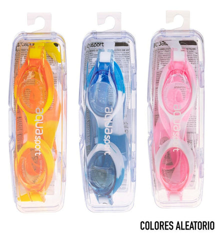 Set of 12 AquaSport children's swimming goggles for water sports and outdoor activities, featuring adjustable straps and clear lenses.
