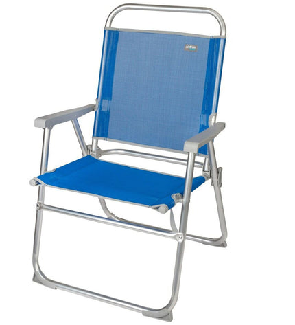 Set of four Aktive Gomera blue folding beach chairs with aluminum frames, 48x88x50cm, suitable for outdoor camping and sports.