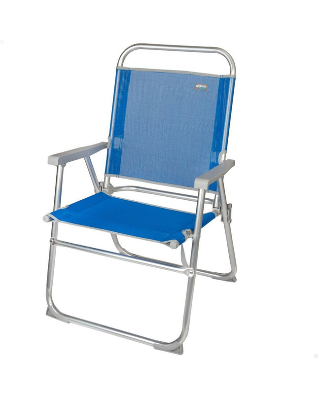 Set of four Aktive Gomera blue folding beach chairs with aluminum frames, 48x88x50cm, suitable for outdoor camping and sports.