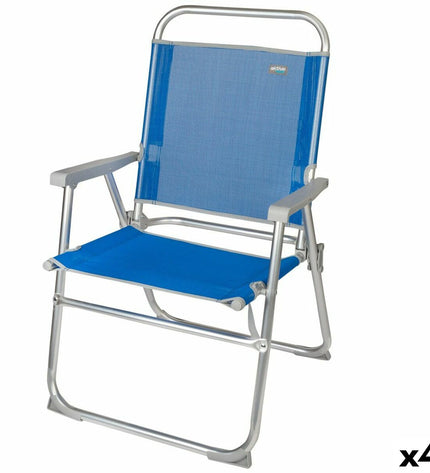Set of four blue Aktive Gomera folding beach chairs with aluminum frames, ideal for outdoor camping and leisure activities.