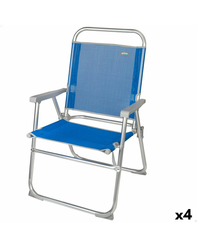Set of four blue Aktive Gomera folding beach chairs with aluminum frames, ideal for outdoor camping and leisure activities.